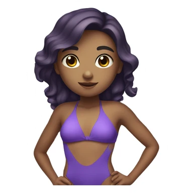 A girl in a swimsuit is standing by the pool with dark hair and brown eyes, her swimsuit is purple, she is a swimmer sticker