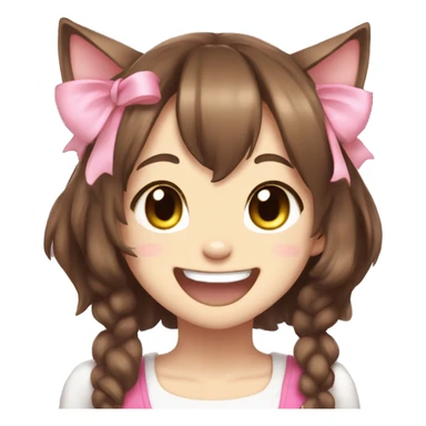 fursona brown hair cat girl with pink bow cute laughing anime sticker