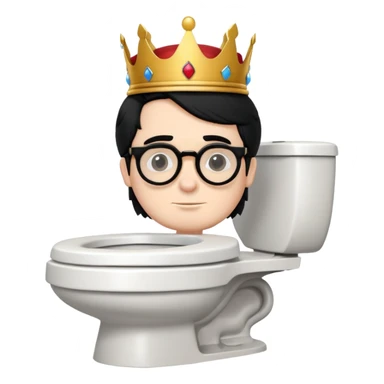 King Charles III with royal crown sitting on a toilet, wearing round glasses and black hair sticker