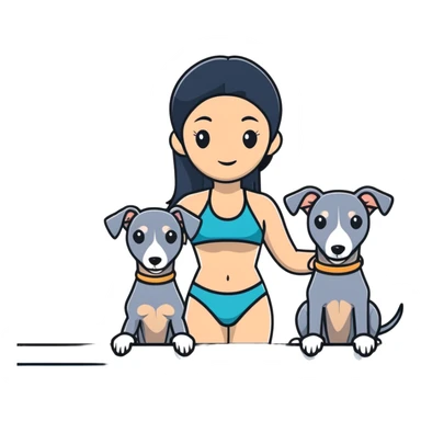 Very thin and slim Chinese woman with long black hair in pool attire at an indoor swimming pool with her Italian greyhound that is COMPLETELY solid dark grey with ABSOLUTELY ZERO white markings anywhere - 100% uniform dark grey color only sticker