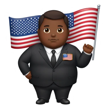 overweight person in dark suit with US flag pin sticker