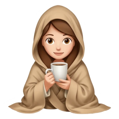 brown hair woman sitting under beige blanket, with a blanket over his head, holding cup of coffe sticker