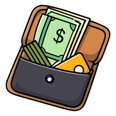 black leather wallet open with dollar bills inside and a small analog clock in top right corner floating above the wallet sticker