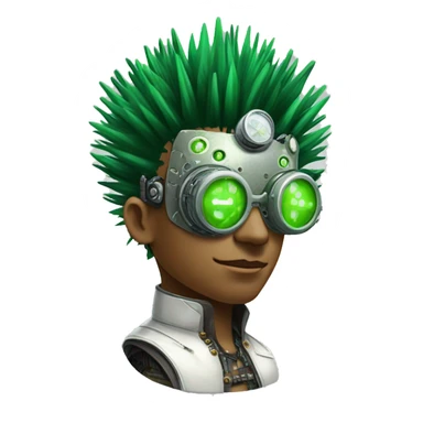 Green Mohawk hair male cyborg head with white steampunk goggles and circuits sticker