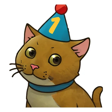 ginger tabby kitten celebrating birthday, wearing a birthday hat, with birthday cake, balloons, happy expression, and gifts sticker