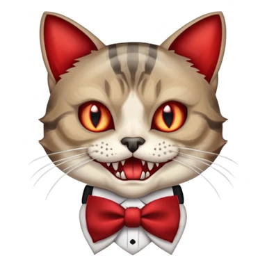 A maceral tabby cat with its mouth open and vampire fangs. The cat has red eyes and is wearing a skull bow tie sticker