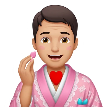 male getting sissified in lingerie by his smug wife. the wife is crying with laughter. she is doing the males makeup sticker