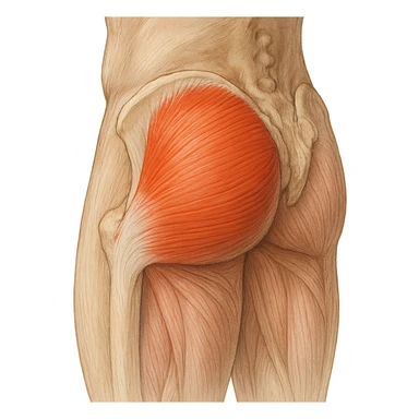 realistic and educational illustration of the gluteus medius muscle, precise anatomical details, highlighted compared to other muscles in the region, lateral and posterior view, neutral background, no explicit references to sensitive parts sticker