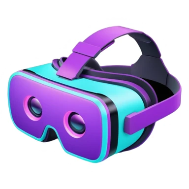 Futuristic glowing neon VR headset, purple and cyan light, dark background, digital tech style sticker
