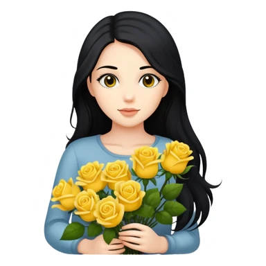 Beautiful girl with long black hair holding a bouquet of yellow roses sticker