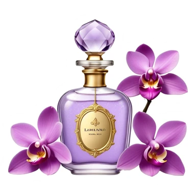 Create a delicate vintage French-style perfume bottle in an orchid hue, adorned with intricate gold detailing and an elegant glass stopper. Surround it with lush lilac flowers, along with soft lavender sprigs and petals scattered around for a dreamy, romantic atmosphere. The background should have a subtle antique texture, evoking the charm of a Parisian boudoir. The lighting should be soft and diffused, enhancing the luxurious and nostalgic feel sticker