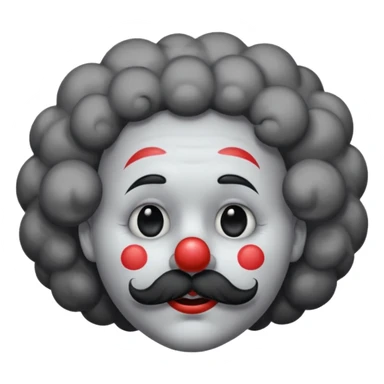 a melancholic clown character with a round gray face, half-closed sleepy eyes with long lashes, a big black round nose, and thick black mustache. Dark fluffy cloud-like hair on the sides of the head.  sticker