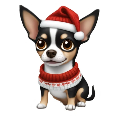 Black, white and brown chihuahua with floppy ears and Christmas sweater sticker