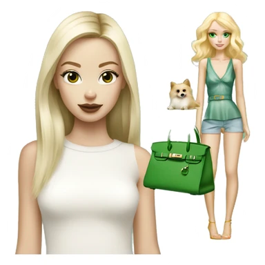Blonde skinny girl with green eyes and pale skin with white pomeranian and Hermes birkin bag sticker