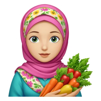 Turkish beautiful finish Konya girl blue eyes with floral pink and yellow hijab and green red dress and she had on her hand vegetables  sticker