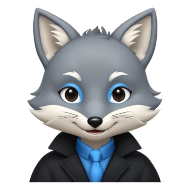 Grey anthropomorphic furry fox with a black coat, blue eyes, and a small fringe of black hair in head, smiling sticker