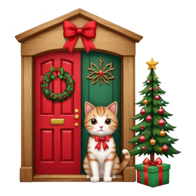 A door with a cat in front of it with h christmas elements on the door sticker