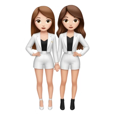👯‍♀️ generate this emoji, as two white girls, bffs, the same pose but maybe the outfit cuter. we are models. both with brown hair. one girl in white outfit, the other in black. luxury outfits  sticker