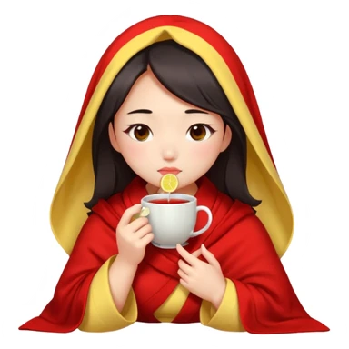 cute and sexy chinese girl, feeling sick up, nose and cheecks red by blush, covered by blanket, drinking tea with lemon sticker