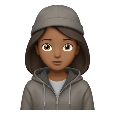 Hobo tomboy with shoulder-length center-parted dark brown hair. brown eyes, dark dull brown hoodie, grey shirt. Flat crown bolero hat sticker