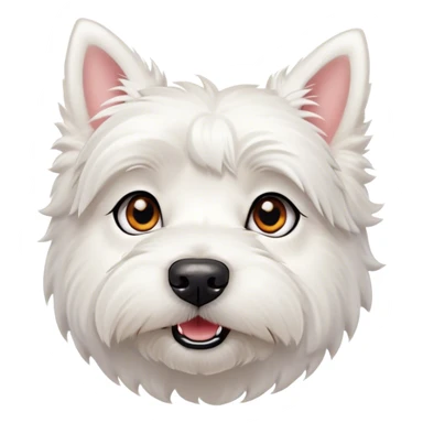 Cinematic Cute West Highland White Terrier Portrait Emoji, Head tilted playfully and inquisitively, featuring a fluffy, immaculate white coat with perky ears, round, sparkling dark eyes filled with curiosity, Simplified yet irresistibly adorable features, highly detailed, glowing with a warm, friendly glow, high shine, affectionate and lively, stylized with a touch of whimsy, bright and endearing, soft glowing outline, capturing the essence of a mischievous yet loving pup, so playful it feels like it could bound out of the screen and into your arms! sticker
