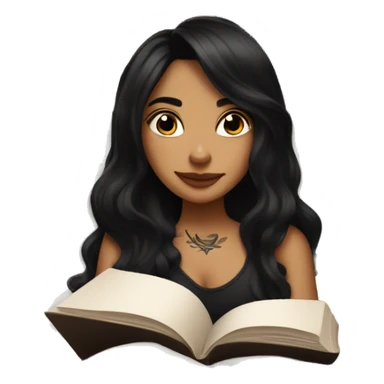 Girl with long black hair and tattoos reading a book in bed wearing black  sticker