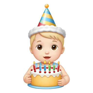 cute baby wearing birthday hat with birthday cake sticker