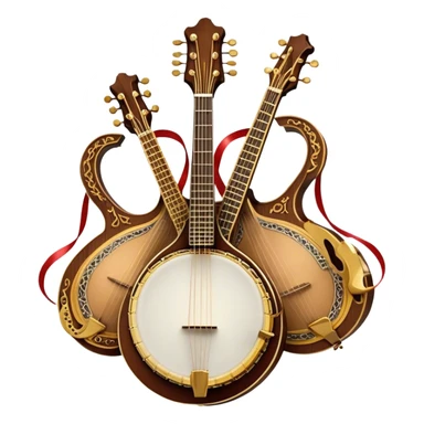 Create an intricate, festive, and emblematic emoji symbolizing plucked string instruments. The design should resemble a regal crest, featuring instruments like a banjo, mandolin, domra, sitar, and other plucked strings, arranged symmetrically in an ornate composition. Their necks and strings should elegantly intertwine with a flowing ribbon of musical notes, wrapping gracefully around the instruments. The overall shape should be grand and balanced, evoking a sense of tradition and celebration. Use a rich and refined color palette with gold, deep mahogany, and vibrant accents, adding intricate wood textures, decorative inlays, and metallic tuning pegs for a professional, polished look. The background should be transparent, making the emblem stand out as an independent artistic mark sticker