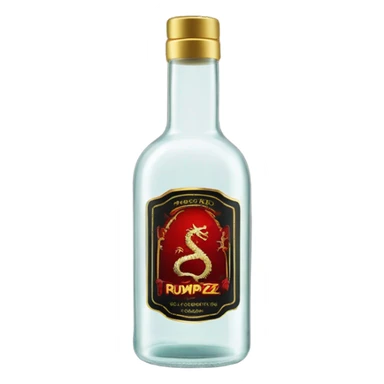 clear bottle of rumpleminze clear alcohol with a label that black with red border and font that has a small gold dragon on the label that says “RUMPZ” sticker