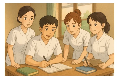 Groupe de quatre étudiants infirmiers, style Ghibli, en train de collaborer à l'intérieur. Uniformes blancs, manches courtes, tuniques col en V, poche poitrine à gauche, avant-bras nus, pas de pied de col ni stéthoscopes, cheveux longs attachés pour celles qui en ont. Visages inspirés des quatre photos jointes. sticker