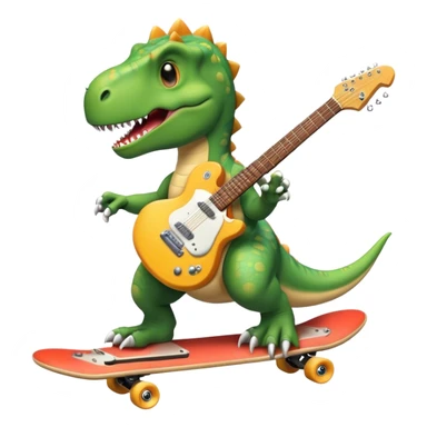 Dinosaur skateboarding with a guitar sticker