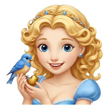 Cinematic Adorable Cinderella Portrait Emoji, Giggling softly while holding a tiny bluebird, golden curls bouncing, eyes sparkling with joy, wrapped in a soft golden glow, exuding warmth and charm, an irresistible blend of beauty and playfulness! sticker