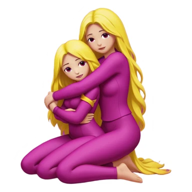 One figure is dark magenta and is kneeling.
	•	The other figure is yellow with long hair and is being held, with their arms around the magenta figure’s neck.
	•	The yellow figure’s legs wrap around the magenta figure’s waist, suggesting a close, intimate embrace. sticker