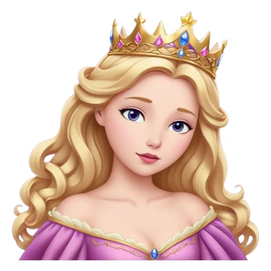 Cinematic Realistic Sleeping Beauty (Aurora) Portrait, with porcelain-like skin featuring a natural rosy flush, illuminated by soft lighting that highlights the gentle contours of her face. Her golden blonde hair flows in soft, detailed waves with subtle highlights that shimmer in the light. Her deep violet-blue eyes radiate warmth and innocence, framed by arched brows and long lashes. Her serene expression exudes quiet elegance. She is dressed in her classic pink gown, the fabric rich in texture with delicate folds that catch the light. A golden crown rests atop her head, gleaming with royal refinement. The portrait captures a soft, glowing aura, blending realism with an ethereal sense of beauty and timeless enchantment. sticker