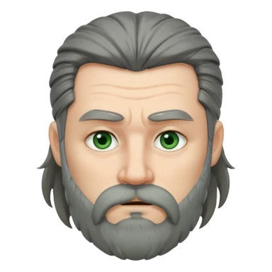 Greenish grey eyed adult man with sad eyes, poor short dark grey hair and a very long viking beard hanging. Pale skin. He's serious and looks tired. Make sure his hair and beard are both dark grey. sticker