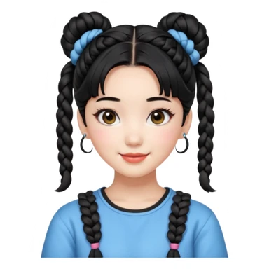 a beautiful girl face, wearing cute korean makeup, black hair, lower braided space buns with cute front bangs, kpop idol sticker