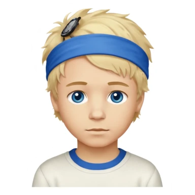 Create a look for a blond boy with long, tousled hair, light eyes, a white sweater, a wealthy appearance, blue eyes, and accessories like a Rolex or Cartier watch, and a cute face with messy hair down. blue eyes + headband white sticker