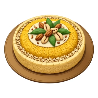 "Emoji of a Jordanian Mansaf dish — round platter with golden rice, lamb pieces, nuts on top, simple cute cartoon style, clean lines, white or transparent background." sticker