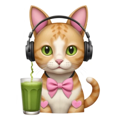 A cat wearing headphones with a glass of matcha, a pink bow on his ear sticker