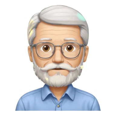 old man with long hair and beard wearing glasses with shirt sticker