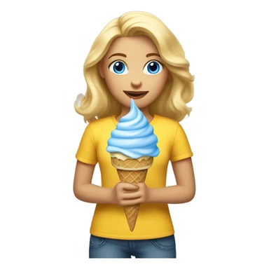 Girl with mid length blonde hair, blue eyes, yellow shirt, holding vanilla ice cream cone sticker