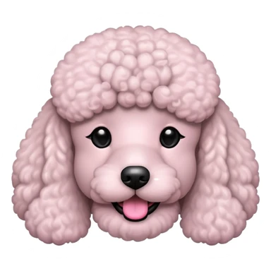 Minimalist cartoon-style poodle face emoji, front view, clean flat design, no shadows, no fur texture, round black eyes, small black nose, pink tongue, light grey or white fur, simple outline, in the style of iPhone emoji — not realistic, not detailed sticker