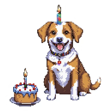 happy dog with candle-lit birthday cake sticker