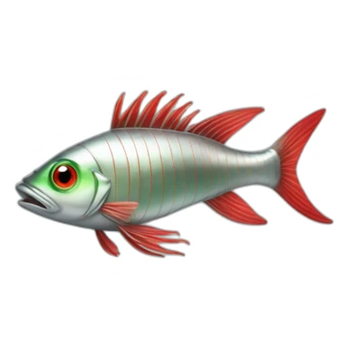 2 ft. Long silver fish with red lines down it and big green eyes and 7 fins sticker