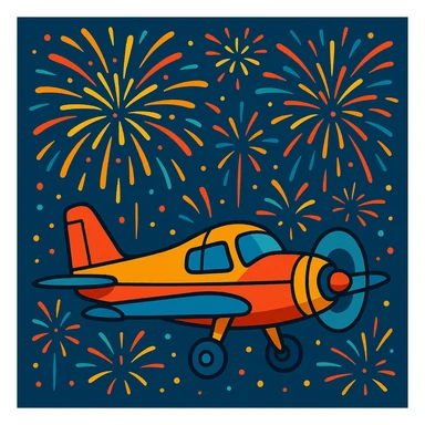 A small airplane flying with fireworks exploding in the background, creating a festive and energetic atmosphere in the sky sticker