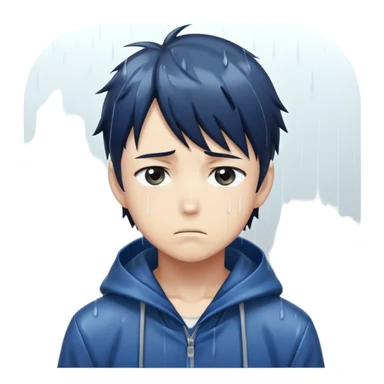 Anime character boy with sad expression standing in the rain, anime art style sticker