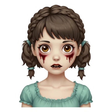 Cabelo ondulado  um pouco cheio e franja curta  Olhos marrons e pequenos e feita d ezumbi mais bonita com cabelo amarro na e com as mãos assim tipo assim🧟‍♀️ sticker