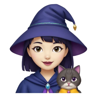 An Asian short-haired girl with short raven hair and bangs, with heterochromia eyes(her left eye is silver coloured and her right eye is dark brown coloured), cat-eyed eyeliner, and laughs with a tiny fang of mauve-toned lipstick, wears a dark navy wizard hat with an emblem on it. sticker