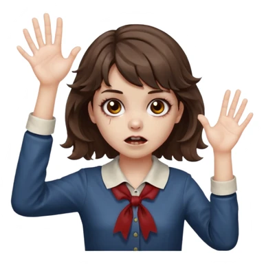 Cabelo ondulado  um pouco cheio e franja curta  Olhos marrons e pequenos e feita d ezumbi mais bonita com cabelo amarro na e com as mãos assim tipo assim🧟‍♀️ sticker