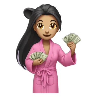 a rat female with a pink bathrobe and long black hairs, holding a bunch of money sticker